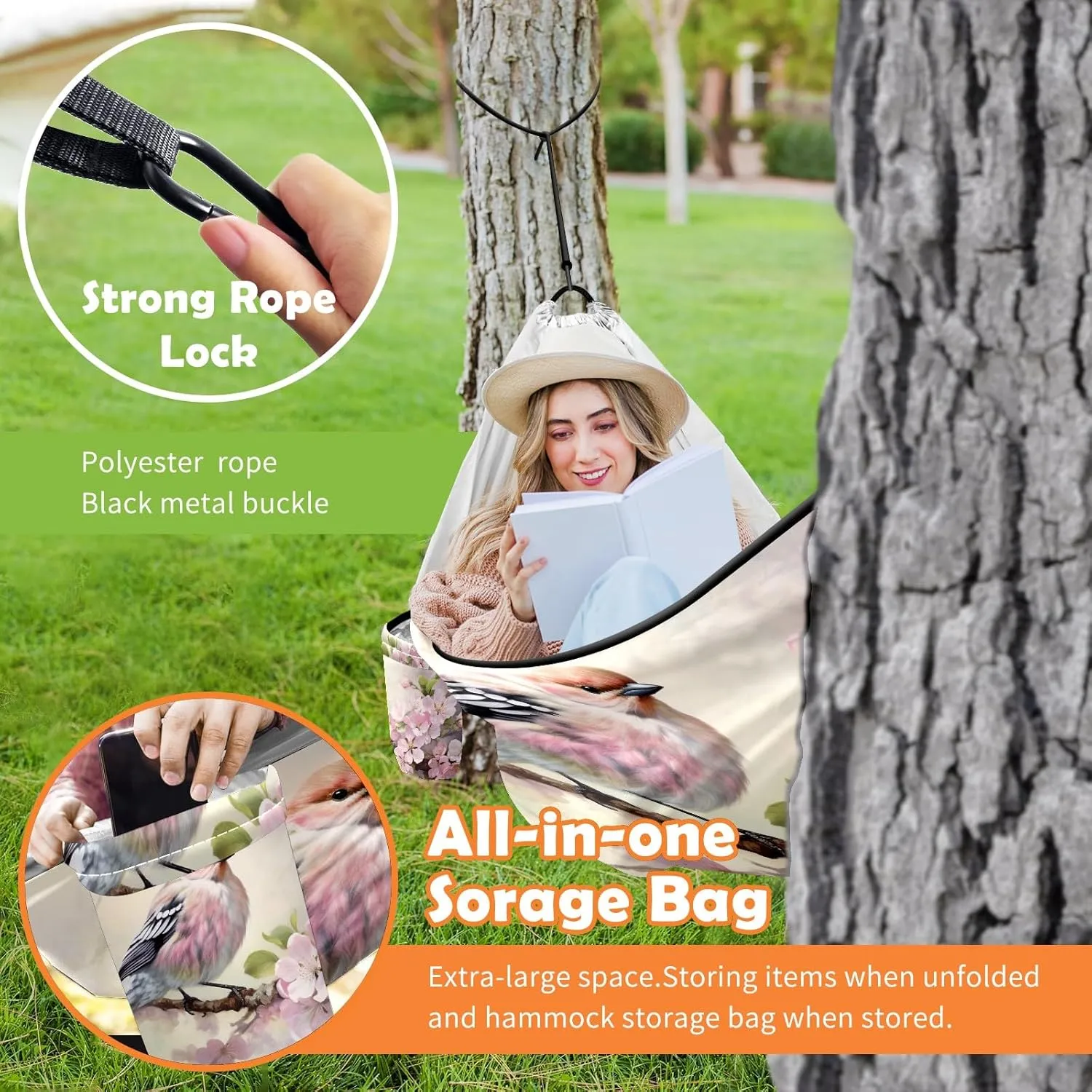 Camping Hammock Double & Single Portable Hammocks with 2 Tree Straps, Great for Hiking,Backpacking,Hunting,Outdoor,Beach,Camping, Bird (41)