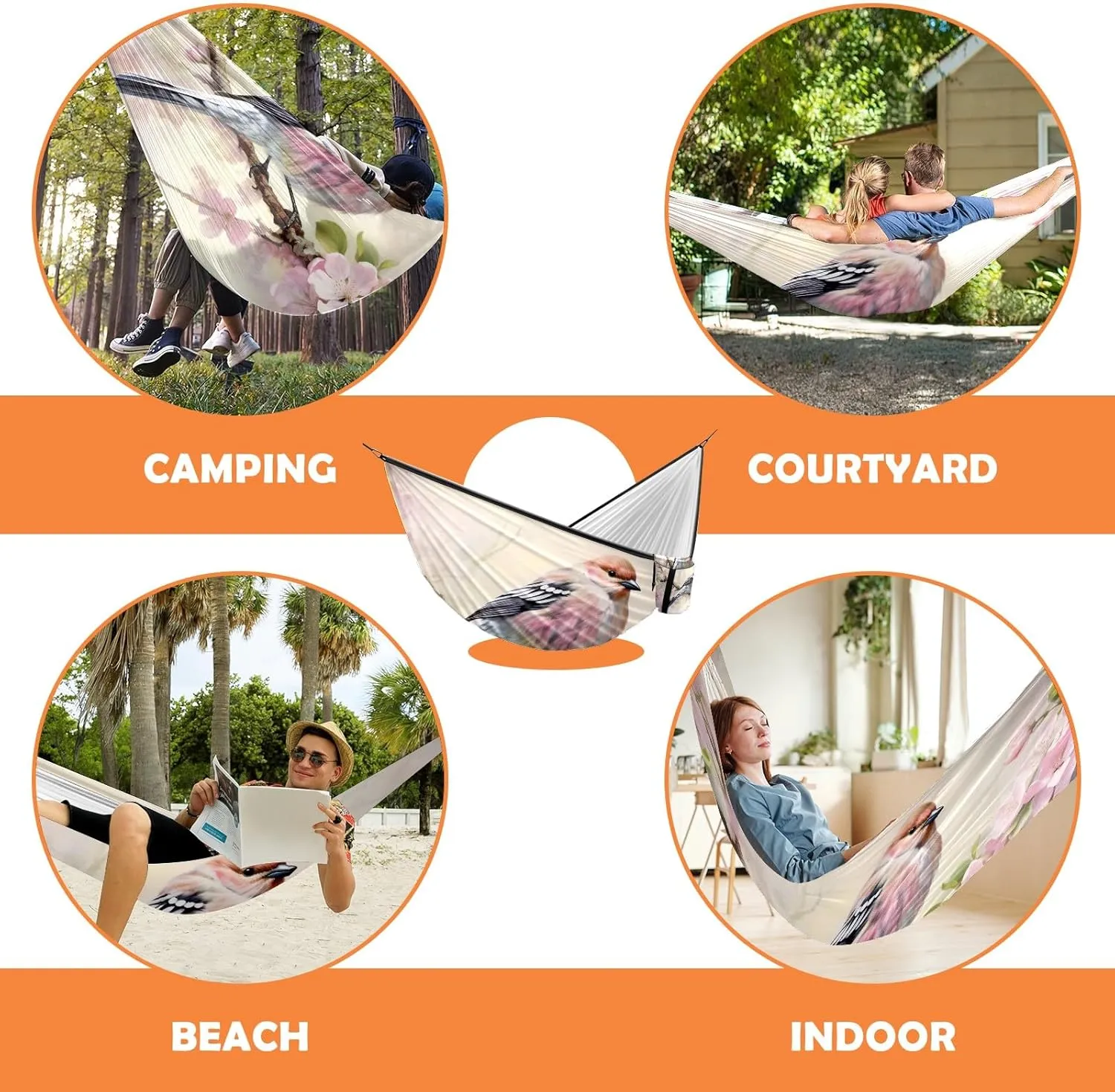Camping Hammock Double & Single Portable Hammocks with 2 Tree Straps, Great for Hiking,Backpacking,Hunting,Outdoor,Beach,Camping, Bird (41)