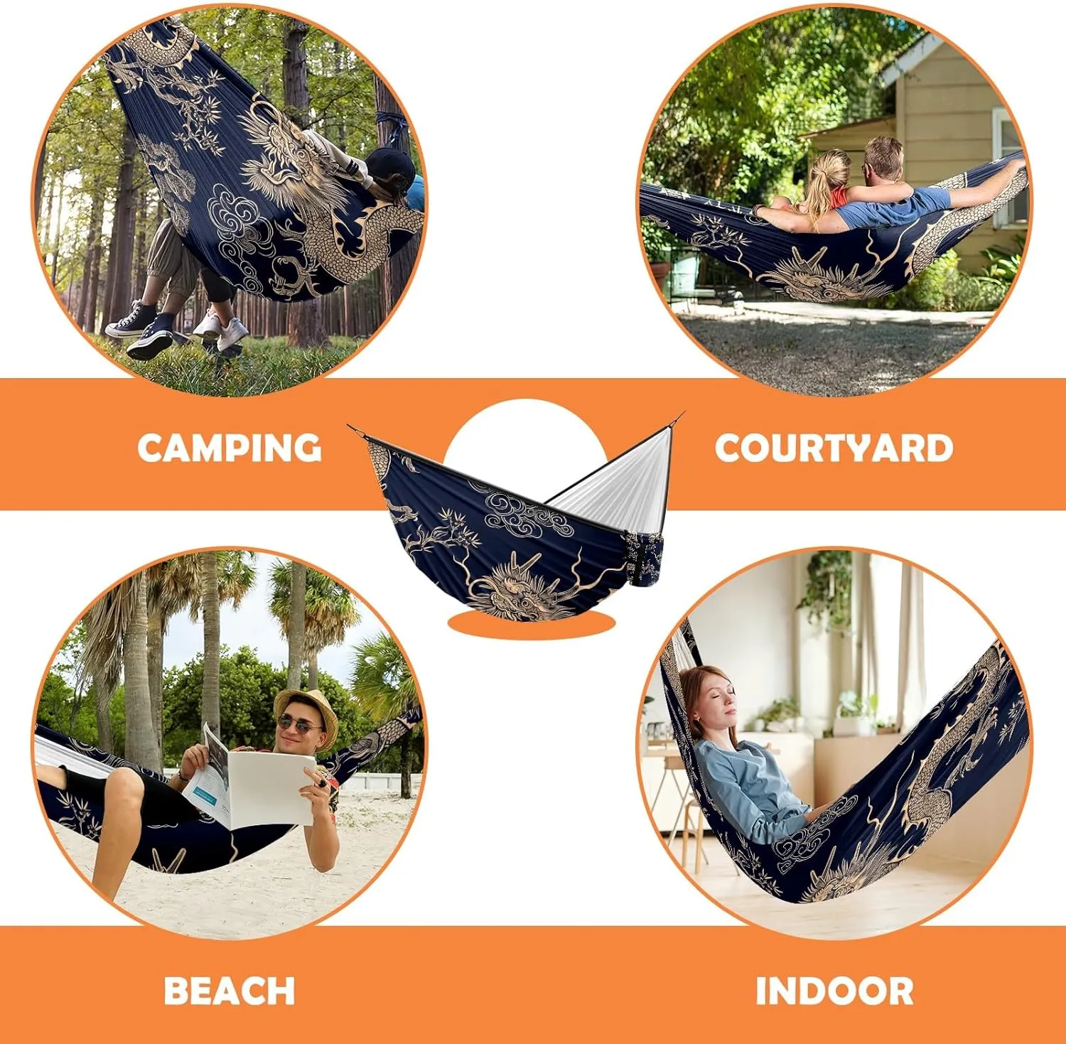 Camping Hammock Double & Single Portable Hammocks with 2 Tree Straps, Great for Hiking,Backpacking,Hunting,Outdoor,Beach,Camping, Chinese Dragon (5)