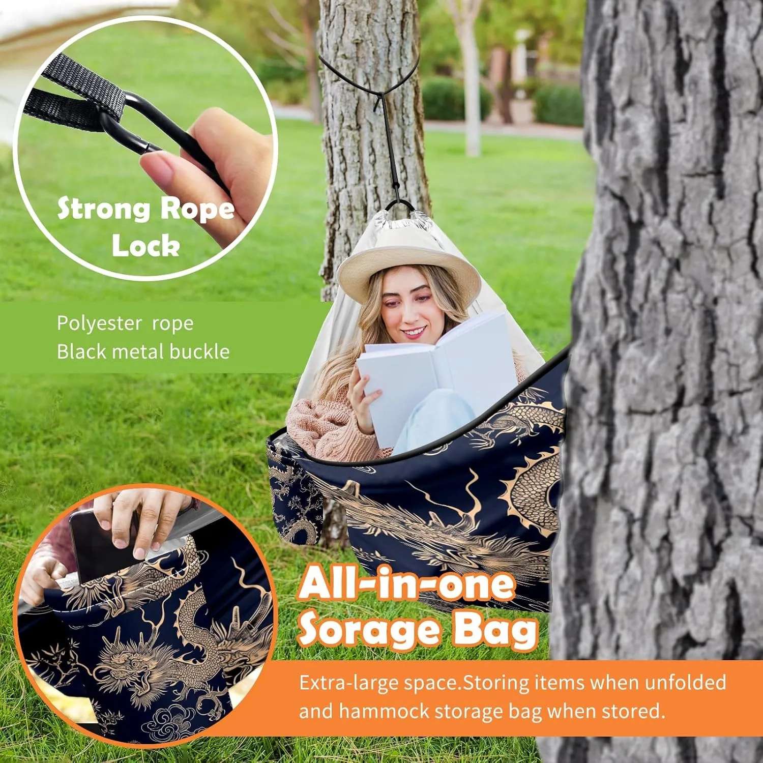 Camping Hammock Double & Single Portable Hammocks with 2 Tree Straps, Great for Hiking,Backpacking,Hunting,Outdoor,Beach,Camping, Chinese Dragon (5)