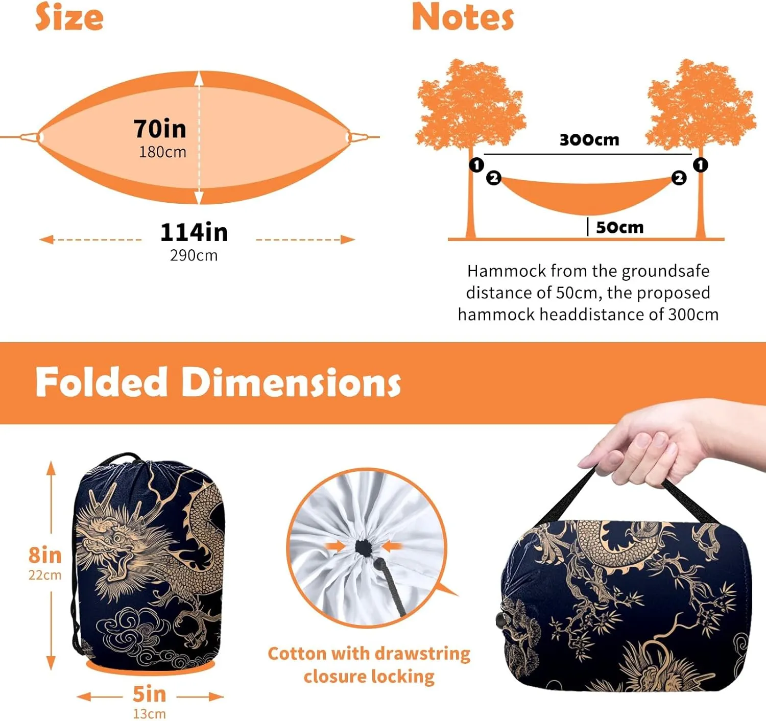 Camping Hammock Double & Single Portable Hammocks with 2 Tree Straps, Great for Hiking,Backpacking,Hunting,Outdoor,Beach,Camping, Chinese Dragon (5)
