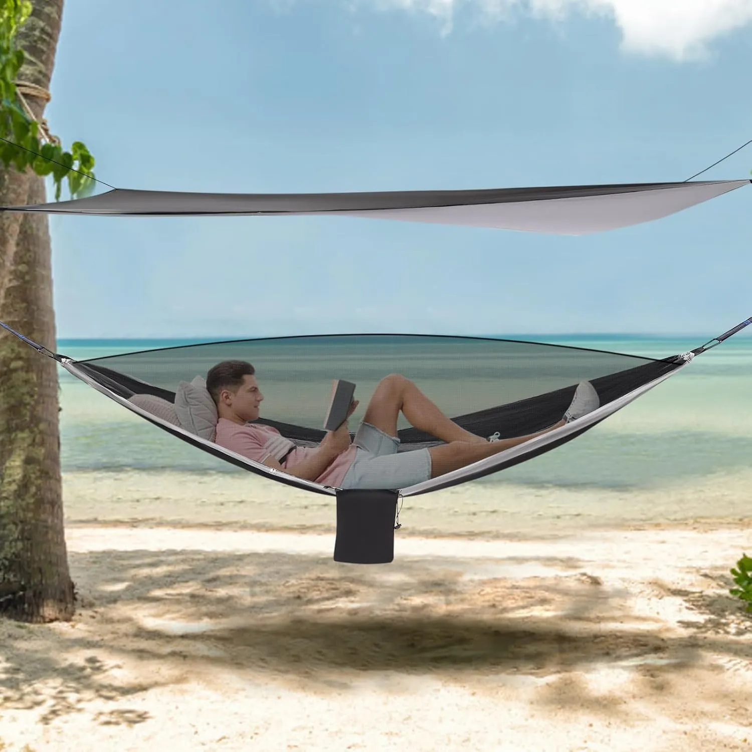 Camping Hammock - Hammocks with Net Tent and Rain Fly Tarp, Portable Single & Double Nylon Parachute Hammock with Heavy Duty Tree Strap, Indoor Outdoor Backpacking Survival Travel, Grey