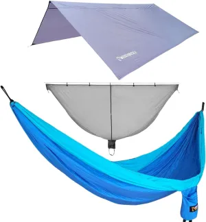 Camping Hammock Kit - XL Double Hammock with Rain Fly Tarp and Mosquito Net - 11ft Extra Long Hammock - 11ft x 11ft Hammock Camping Tarp - Lightweight Hammock Bug Net (Blue)