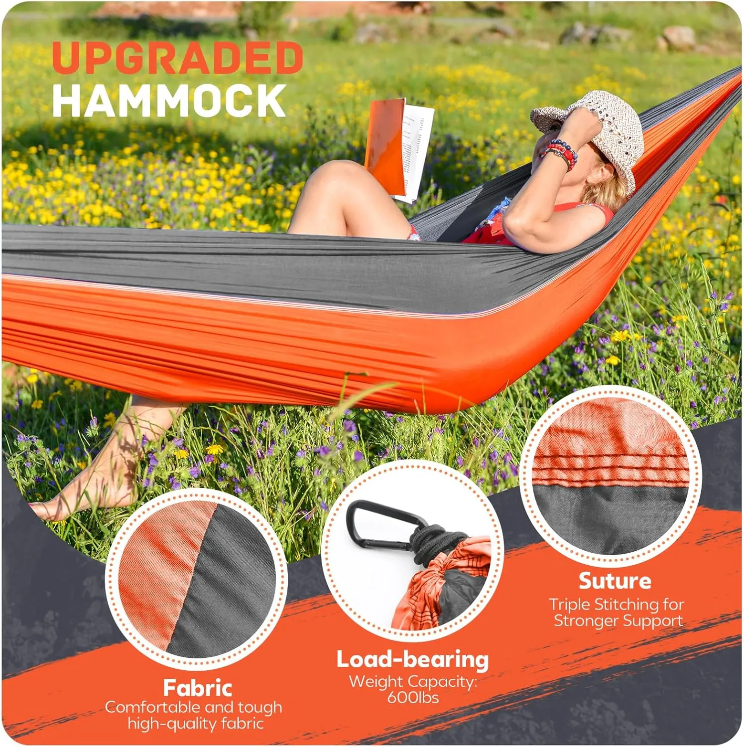 Camping Hammock Lightweight, Portable Hammocks Parachute Hammock with Two Tree Straps, Single or Double Travel Swing Nylon Camp Hammocks, Outdoor Essentials for Beach Backpacking Hiking, Orange