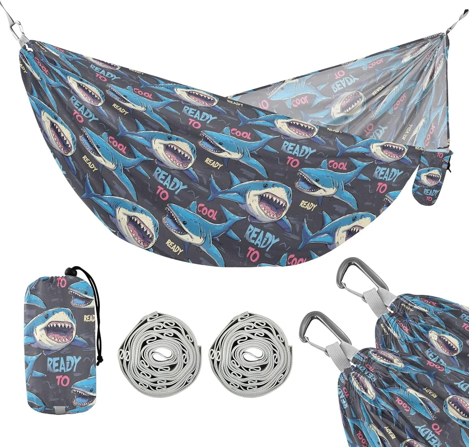 Camping Hammock Outdoor Hammocks for Outside Cool Shark Beach Trees Portable Lightweight with Pockets Tree Straps Indoor