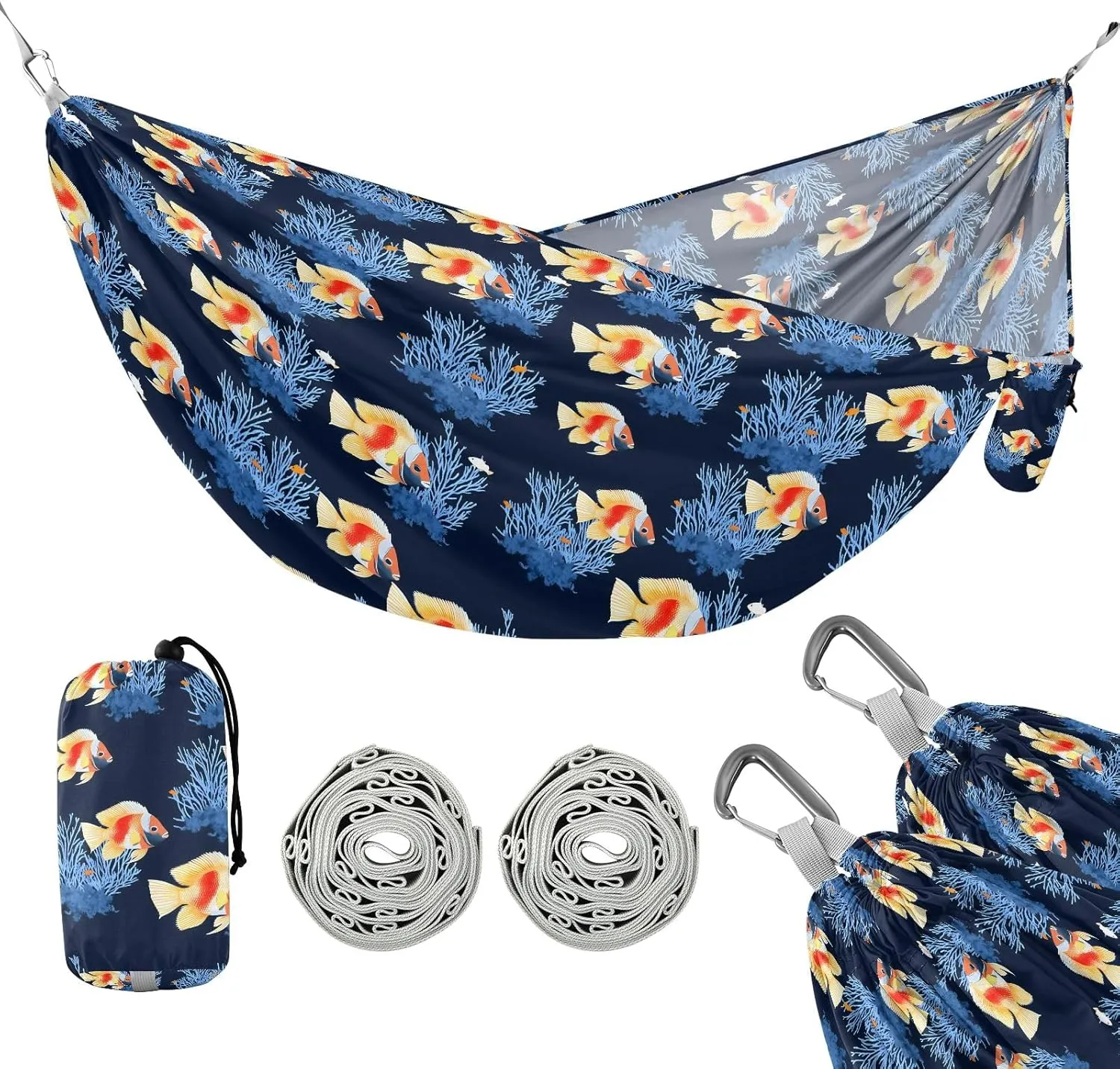 Camping Hammock Outdoor Hammocks for Outside Fish Coral Beach Trees Portable Lightweight with Pockets Tree Straps Indoor