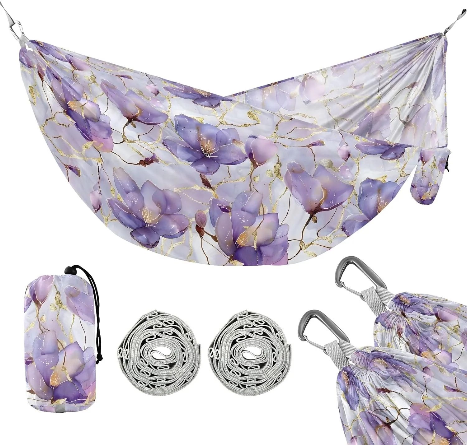 Camping Hammock Outdoor Hammocks for Outside Gold Purple Flowers Beach Trees Portable Lightweight with Pockets Tree Straps Indoor Small