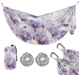 Camping Hammock Outdoor Hammocks for Outside Gold Purple Flowers Beach Trees Portable Lightweight with Pockets Tree Straps Indoor Small