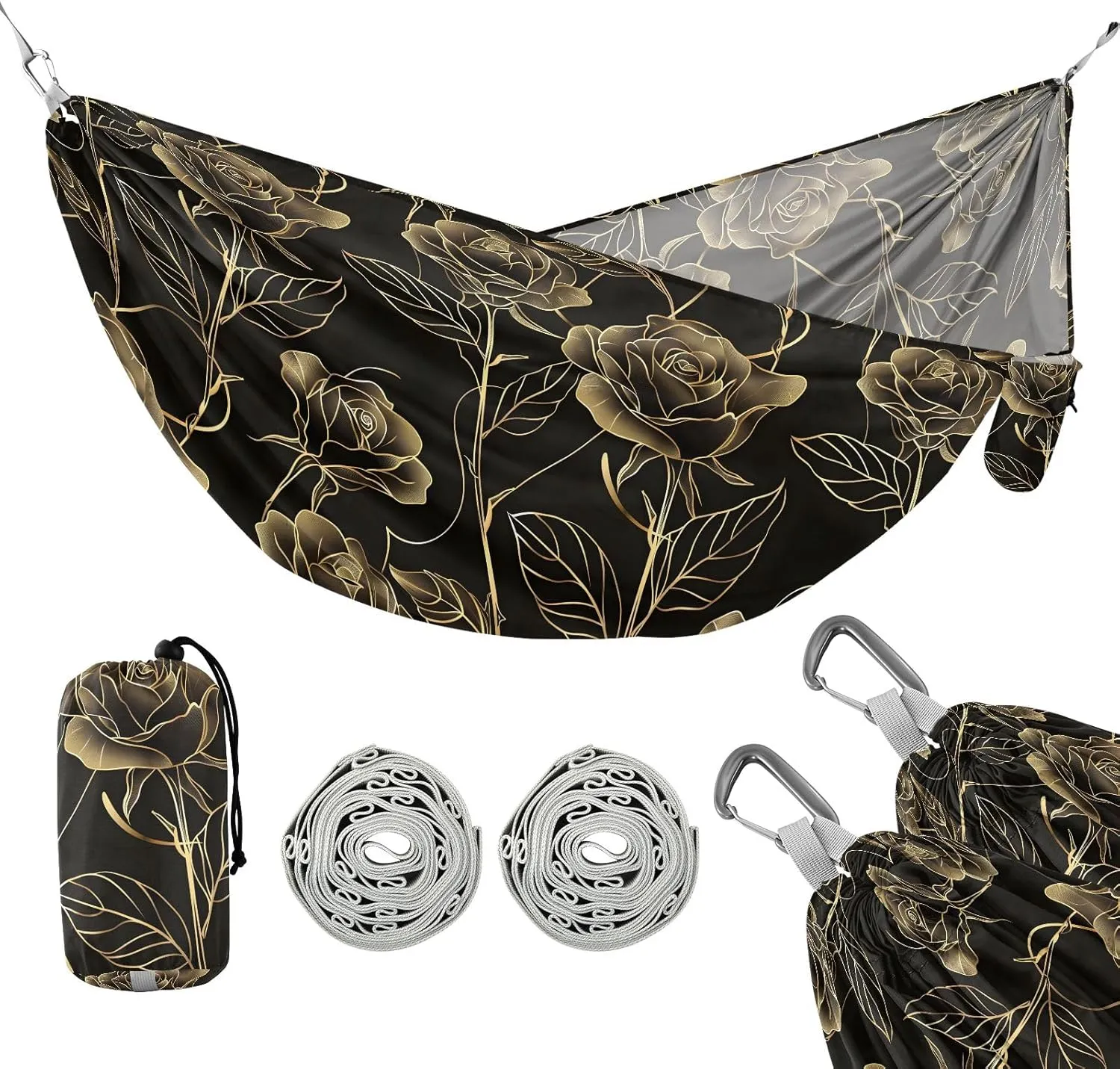 Camping Hammock Outdoor Hammocks for Outside Gold Rose Line Art Beach Trees Portable Lightweight with Pockets Tree Straps Indoor Small
