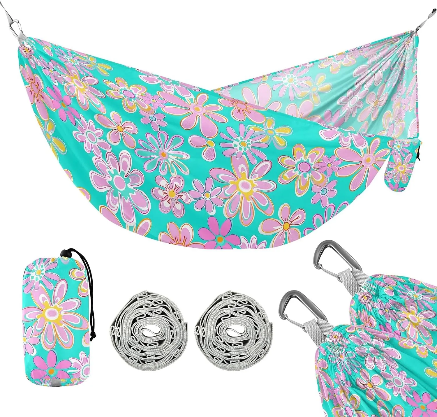 Camping Hammock Outdoor Hammocks for Outside Hippie Flowers Beach Trees Portable Lightweight with Pockets Tree Straps Indoor Small