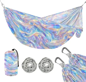 Camping Hammock Outdoor Hammocks for Outside Holographic Beach Trees Portable Lightweight with Pockets Tree Straps Indoor