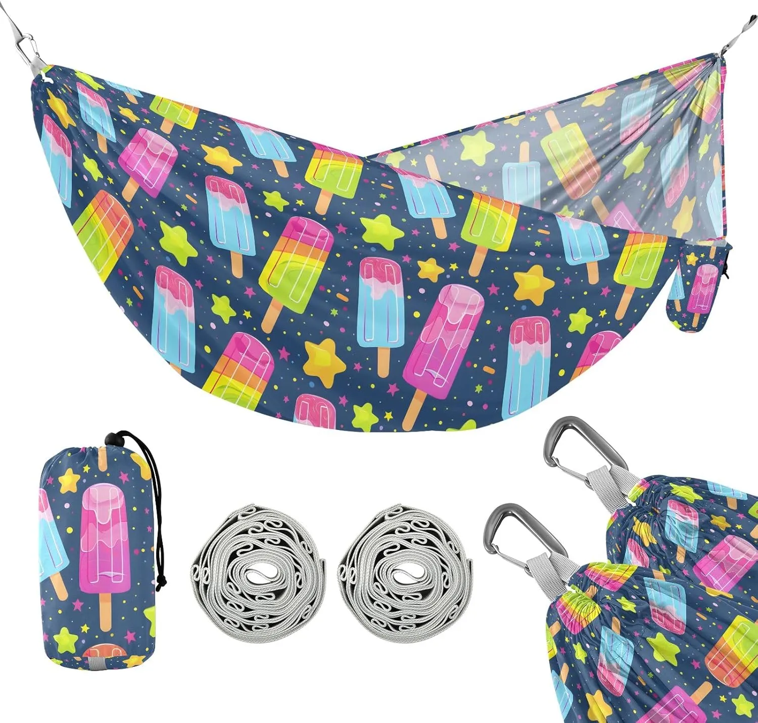 Camping Hammock Outdoor Hammocks for Outside Ice Lolly Stars Cute Beach Trees Portable Lightweight with Pockets Tree Straps Indoor