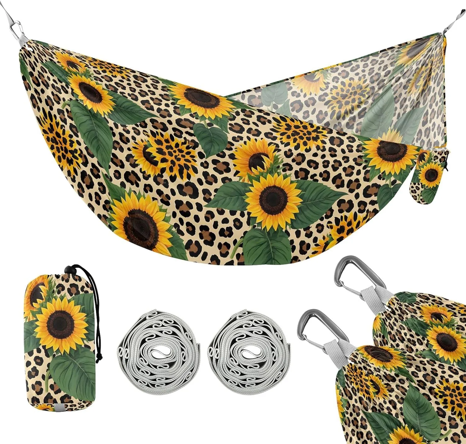 Camping Hammock Outdoor Hammocks for Outside Leopard Sunflower Cheetah Beach Trees Portable Lightweight with Pockets Tree Straps Indoor