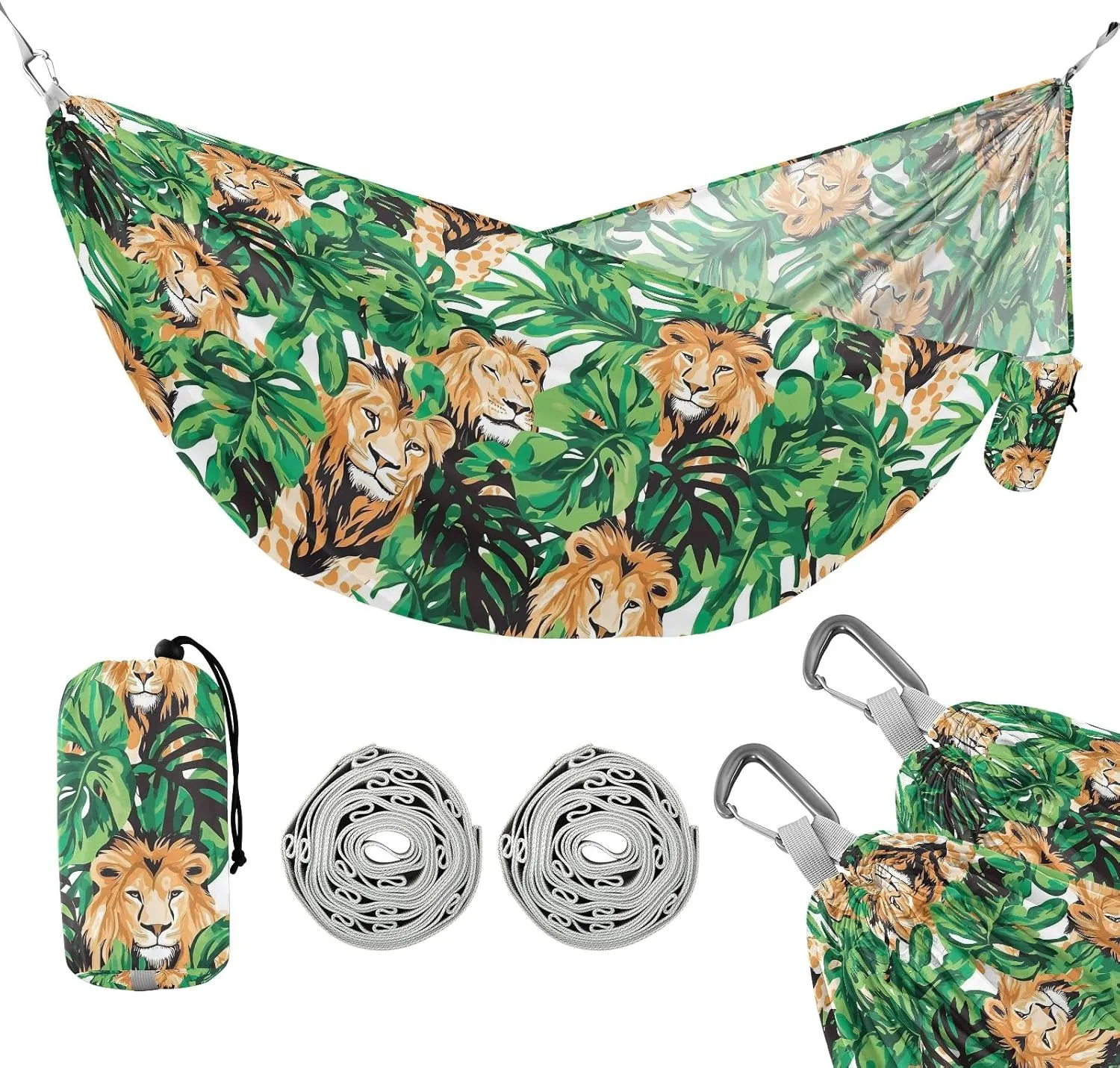 Camping Hammock Outdoor Hammocks for Outside Lions Green Jungle Beach Trees Portable Lightweight with Pockets Tree Straps Indoor