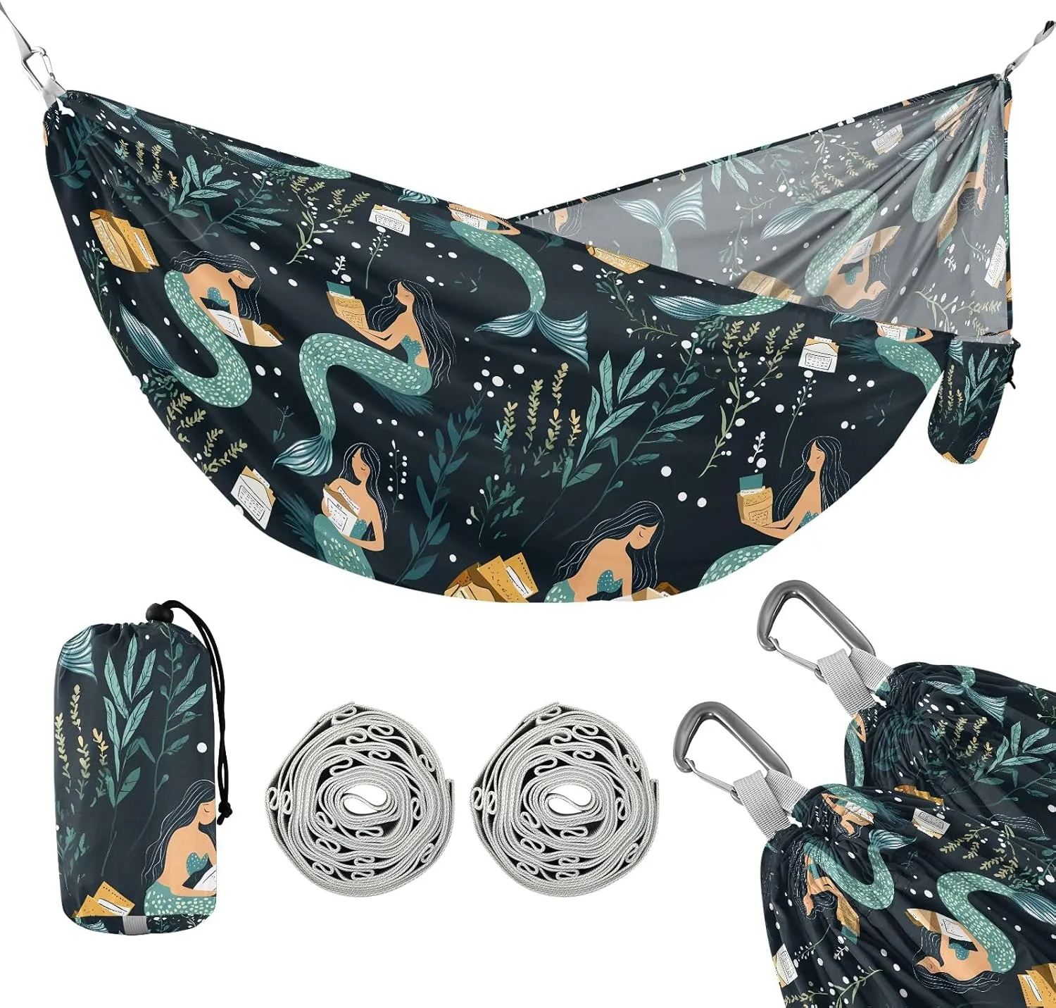 Camping Hammock Outdoor Hammocks for Outside Mermaid Reading Beach Trees Portable Lightweight with Pockets Tree Straps Indoor Small