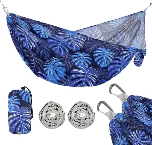 Camping Hammock Outdoor Hammocks for Outside Monstera Leaf Blue Beach Trees Portable Lightweight with Pockets Tree Straps Indoor