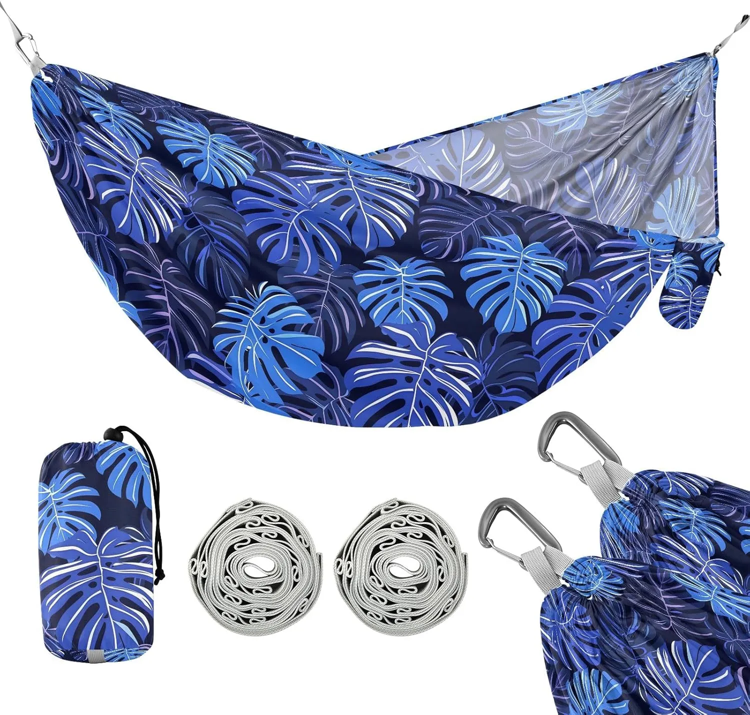 Camping Hammock Outdoor Hammocks for Outside Monstera Leaf Blue Beach Trees Portable Lightweight with Pockets Tree Straps Indoor