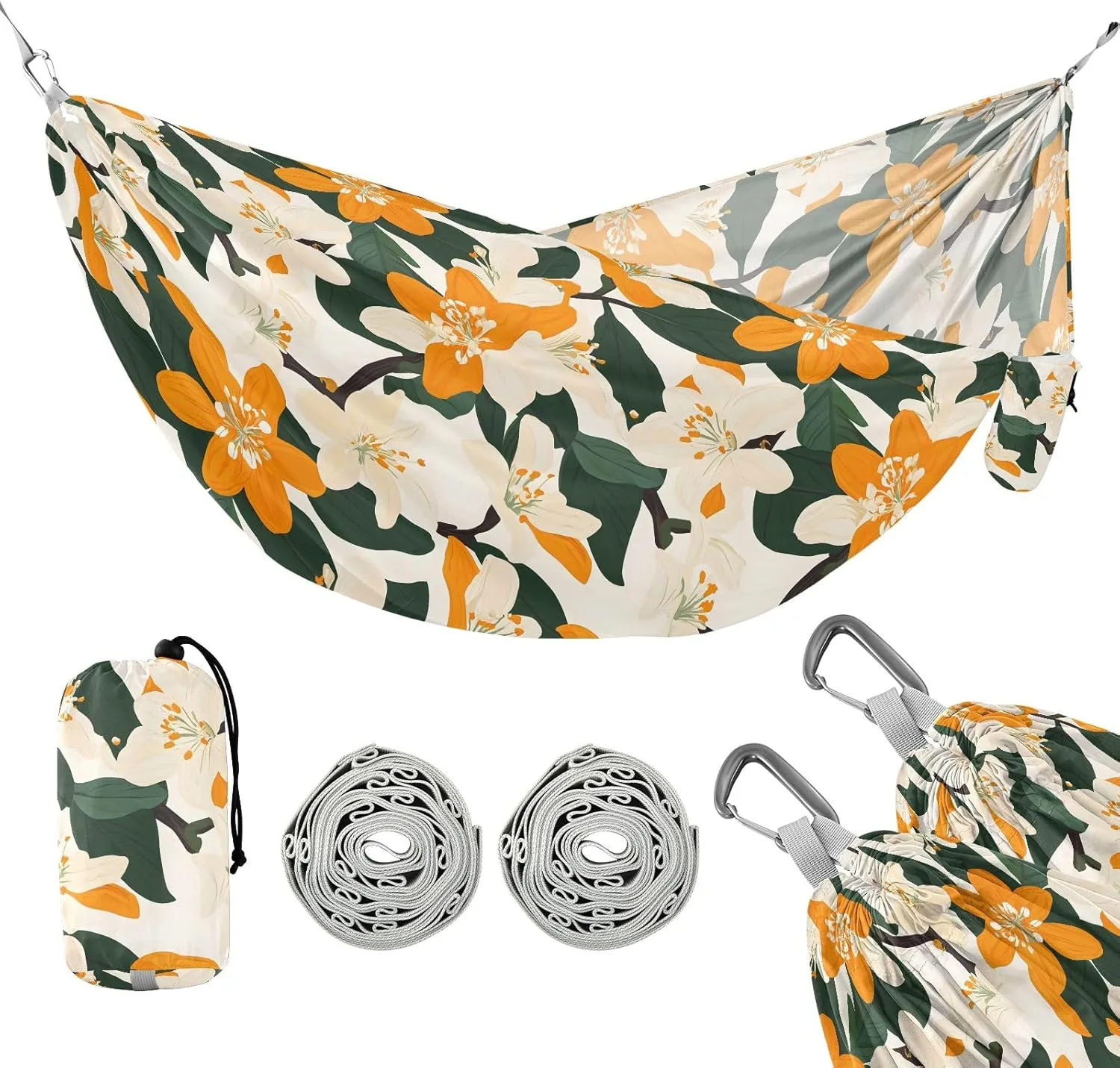 Camping Hammock Outdoor Hammocks for Outside Orange White Flower Beach Trees Portable Lightweight with Pockets Tree Straps Indoor Small