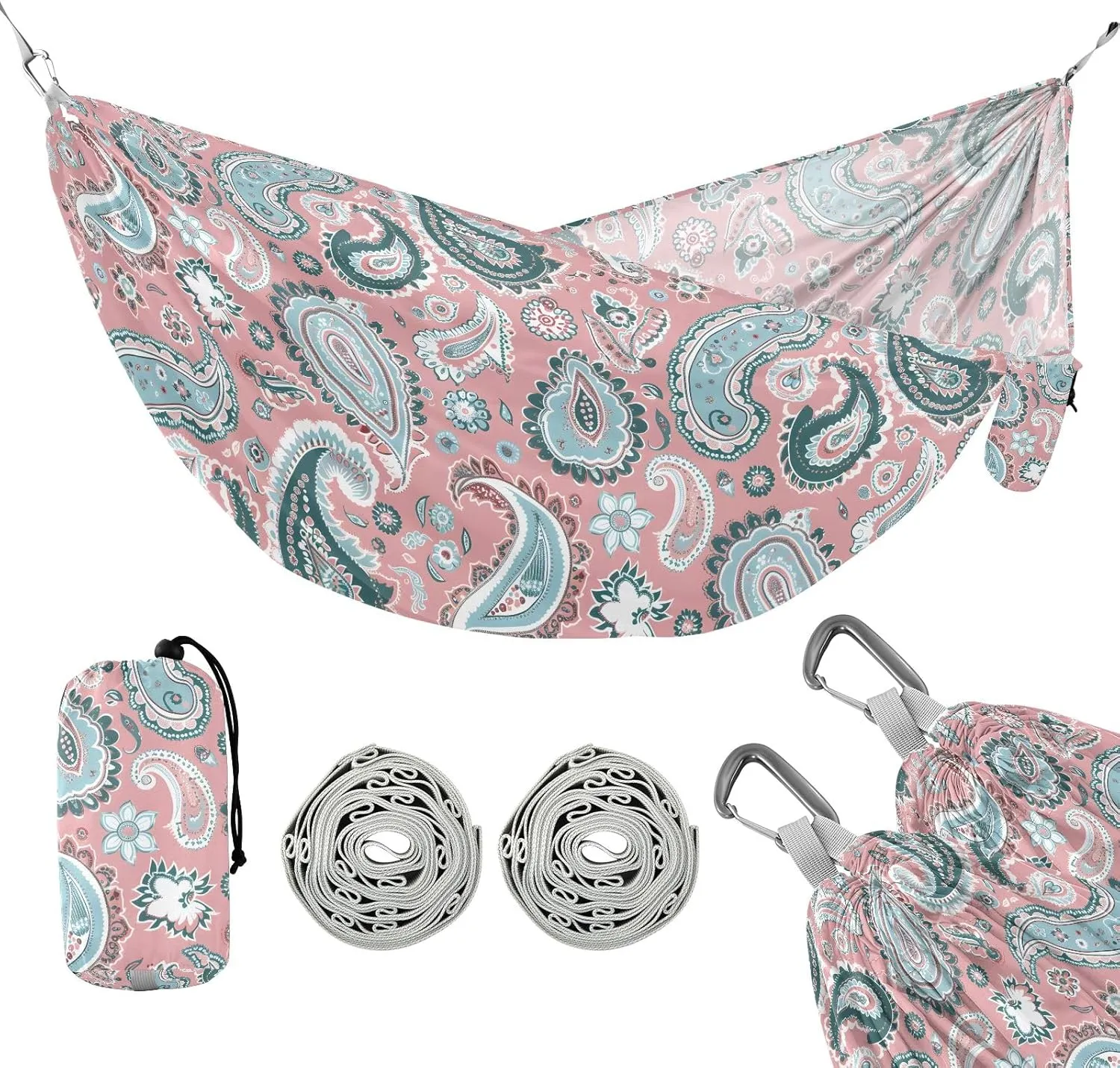 Camping Hammock Outdoor Hammocks for Outside Paisley Pink Beach Trees Portable Lightweight with Pockets Tree Straps Indoor