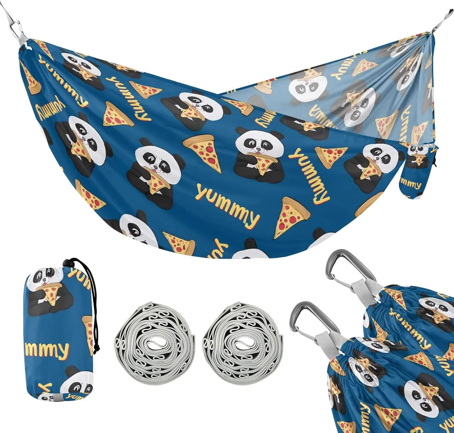 Camping Hammock Outdoor Hammocks for Outside Panda Eating Pizza Beach Trees Portable Lightweight with Pockets Tree Straps Indoor Small