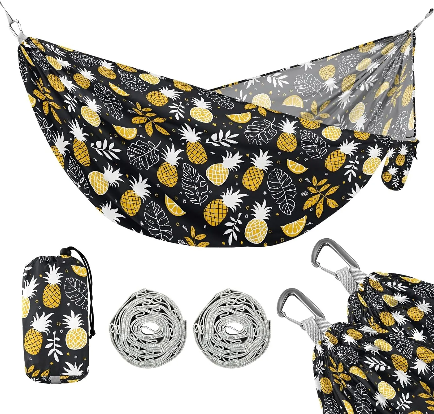 Camping Hammock Outdoor Hammocks for Outside Pineapples Black Yellow Beach Trees Portable Lightweight with Pockets Tree Straps Indoor