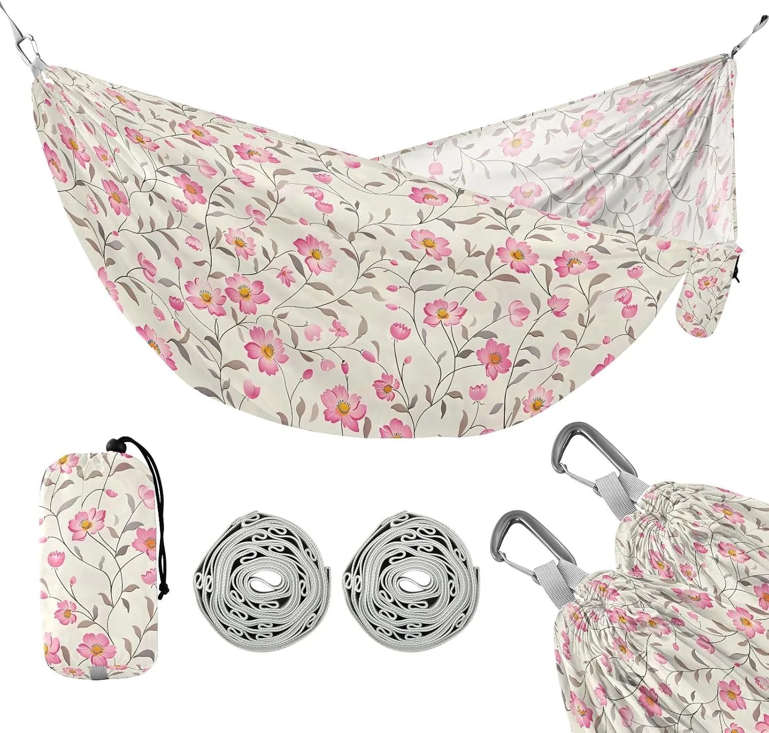 Camping Hammock Outdoor Hammocks for Outside Pink Floral Beach Trees Portable Lightweight with Pockets Tree Straps Indoor