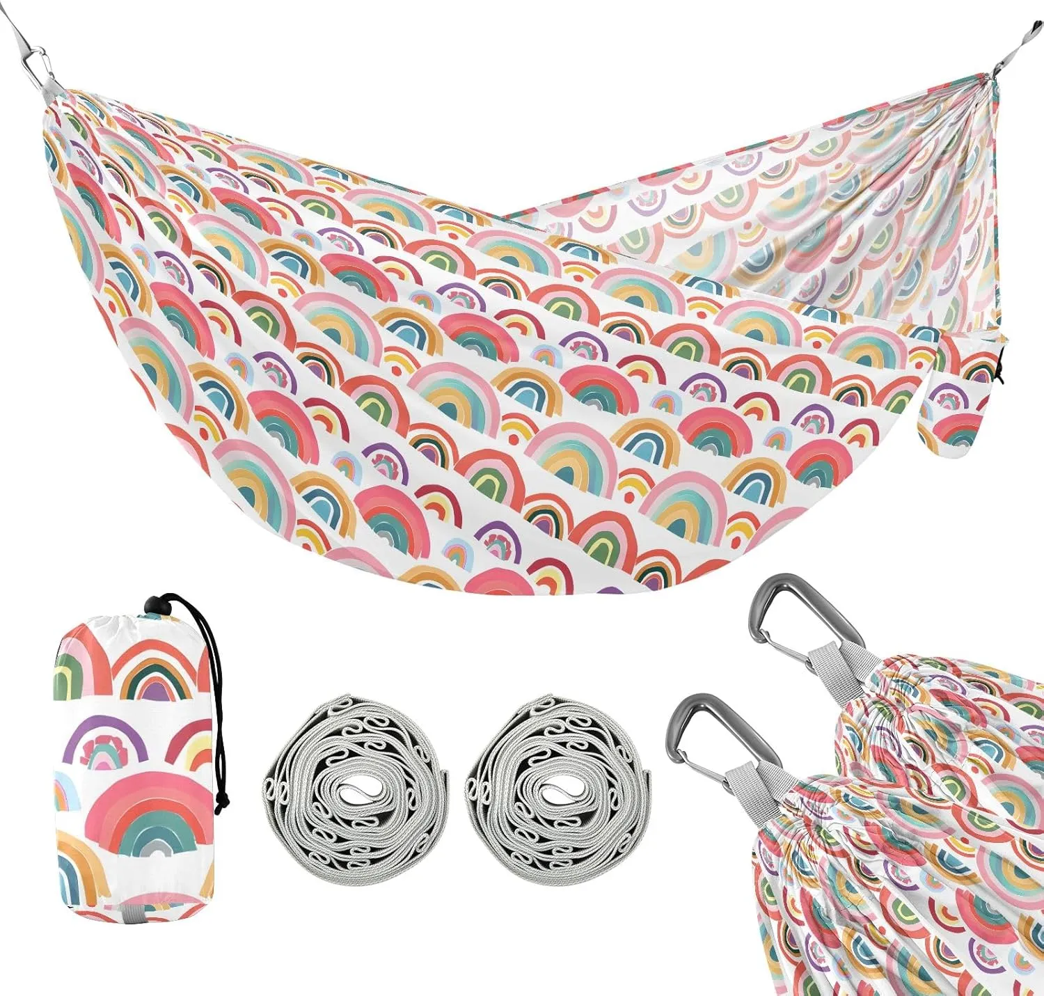 Camping Hammock Outdoor Hammocks for Outside Rainbows Cartoon Beach Trees Portable Lightweight with Pockets Tree Straps Indoor