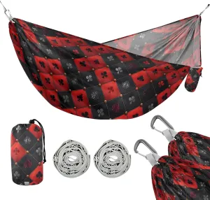 Camping Hammock Outdoor Hammocks for Outside Red Black Card Beach Trees Portable Lightweight with Pockets Tree Straps Indoor