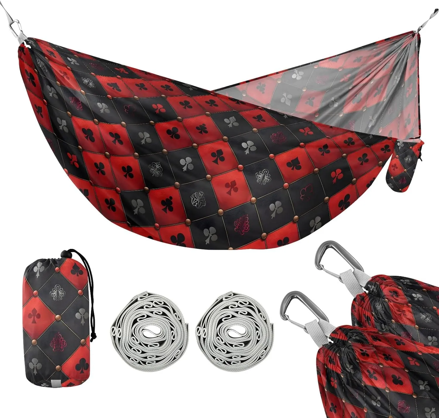 Camping Hammock Outdoor Hammocks for Outside Red Black Card Beach Trees Portable Lightweight with Pockets Tree Straps Indoor