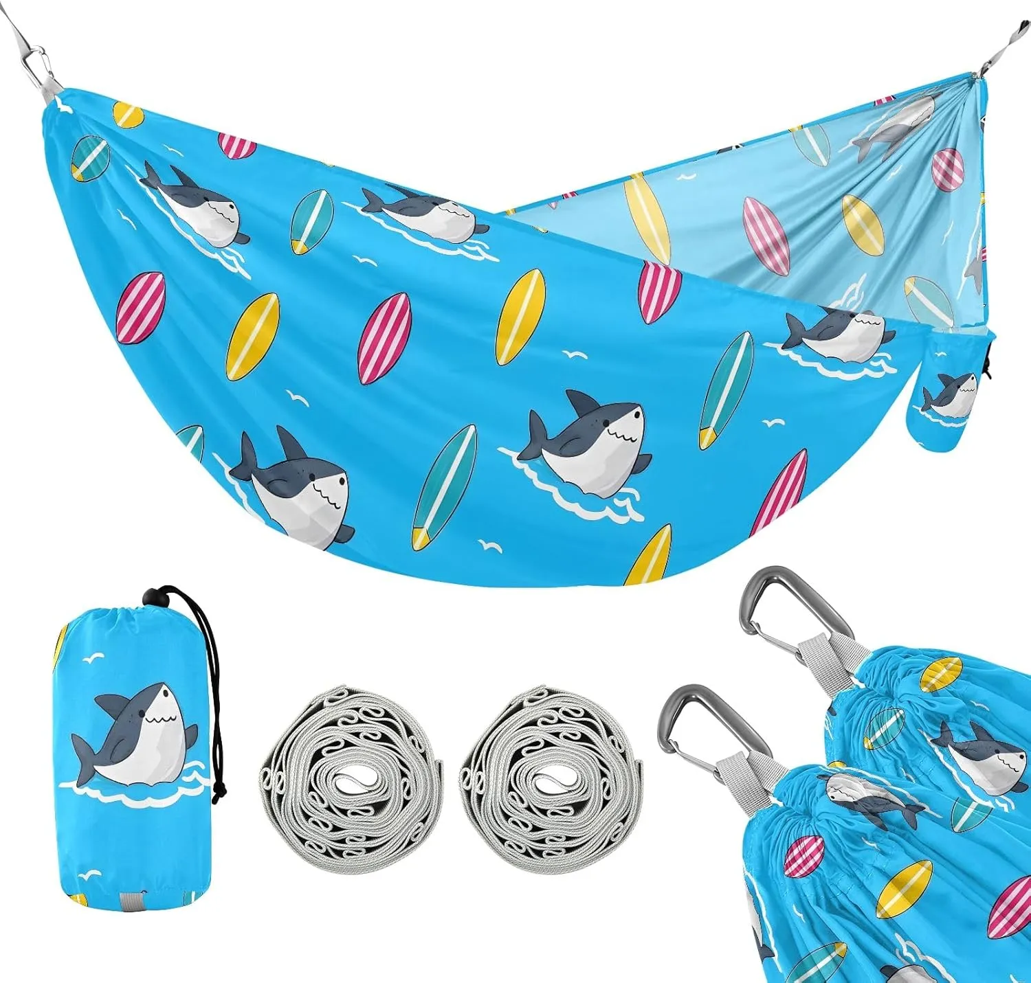 Camping Hammock Outdoor Hammocks for Outside Shark Surfboard Beach Trees Portable Lightweight with Pockets Tree Straps Indoor Small