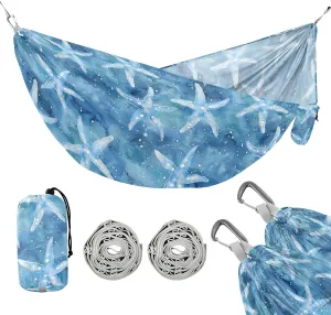 Camping Hammock Outdoor Hammocks for Outside Starfish Blue Watercolor Beach Trees Portable Lightweight with Pockets Tree Straps Indoor Small