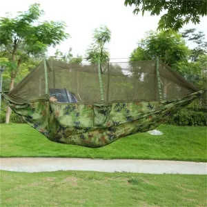Camping Hammock, Portable Double Hammock with Mosquito Net, Durable 600lbs Load 2 Persons Hammock with Built ​for utdoor Hiking and Camping, Nylon Swing Bed with Strap Hook Carry Bag