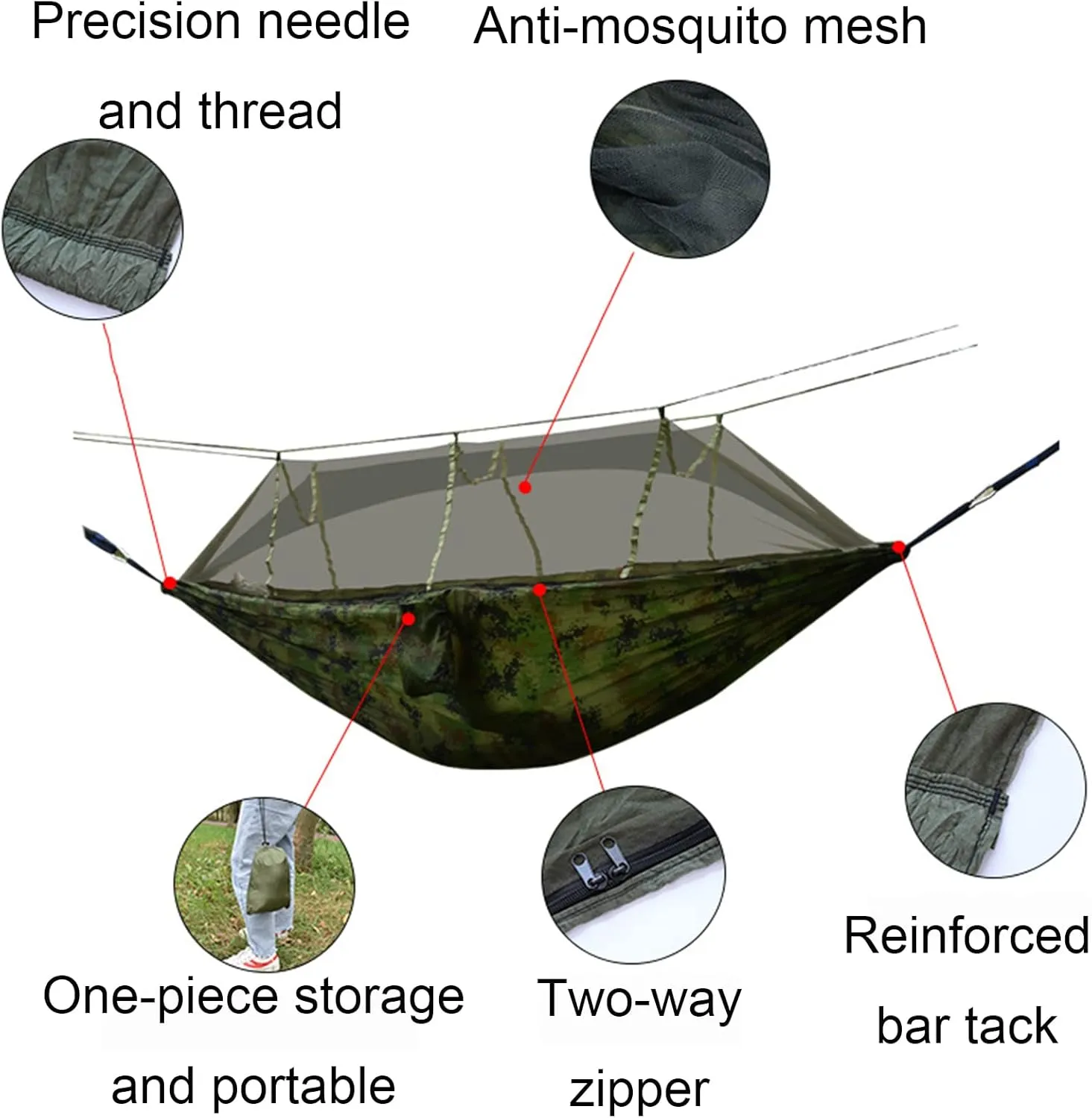 Camping Hammock, Single & Double Camping Hammock with Mosquito Net, Portable Nylon Hammock, for Outdoor Backpacking, Camping, Adventure, Hiking (Green)