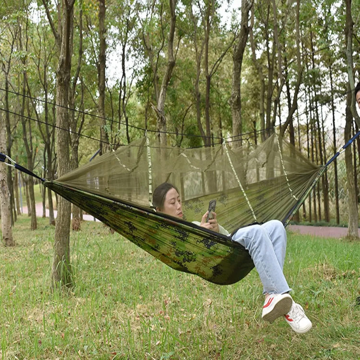 Camping Hammock, Single & Double Camping Hammock with Mosquito Net, Portable Nylon Hammock, for Outdoor Backpacking, Camping, Adventure, Hiking (Green)