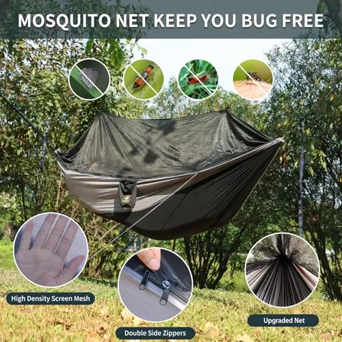 Camping Hammock w/ Net, Travel Lightweight Hammocks w/ Tree Straps