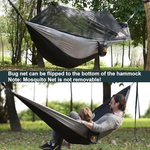Camping Hammock w/ Net, Travel Lightweight Hammocks w/ Tree Straps