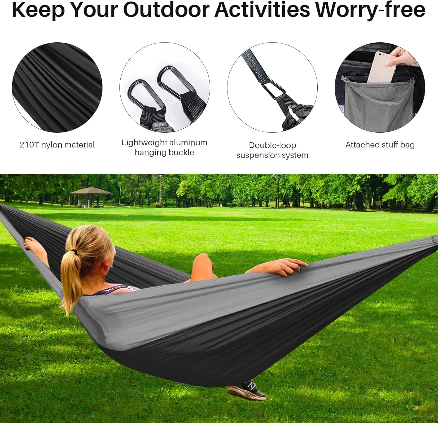 Camping Hammock with Eye Mask & Tree Straps, Portable Nylon Swing Hammock Single & Double for Outdoor Camping Hiking Backpacking Beach Travel (Grey Black)