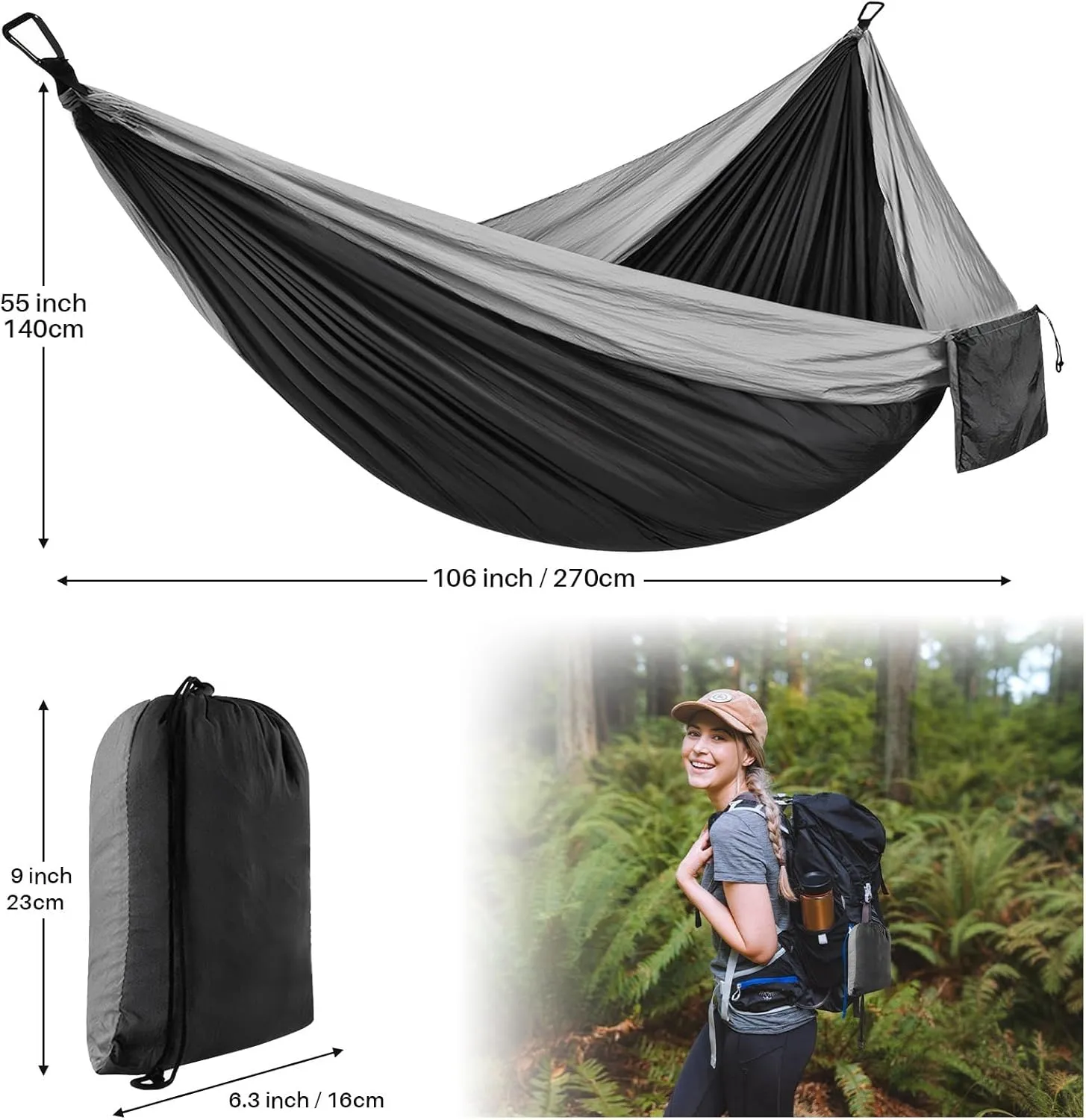 Camping Hammock with Eye Mask & Tree Straps, Portable Nylon Swing Hammock Single & Double for Outdoor Camping Hiking Backpacking Beach Travel (Grey Black)