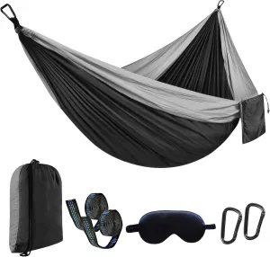 Camping Hammock with Eye Mask & Tree Straps, Portable Nylon Swing Hammock Single & Double for Outdoor Camping Hiking Backpacking Beach Travel (Grey Black)
