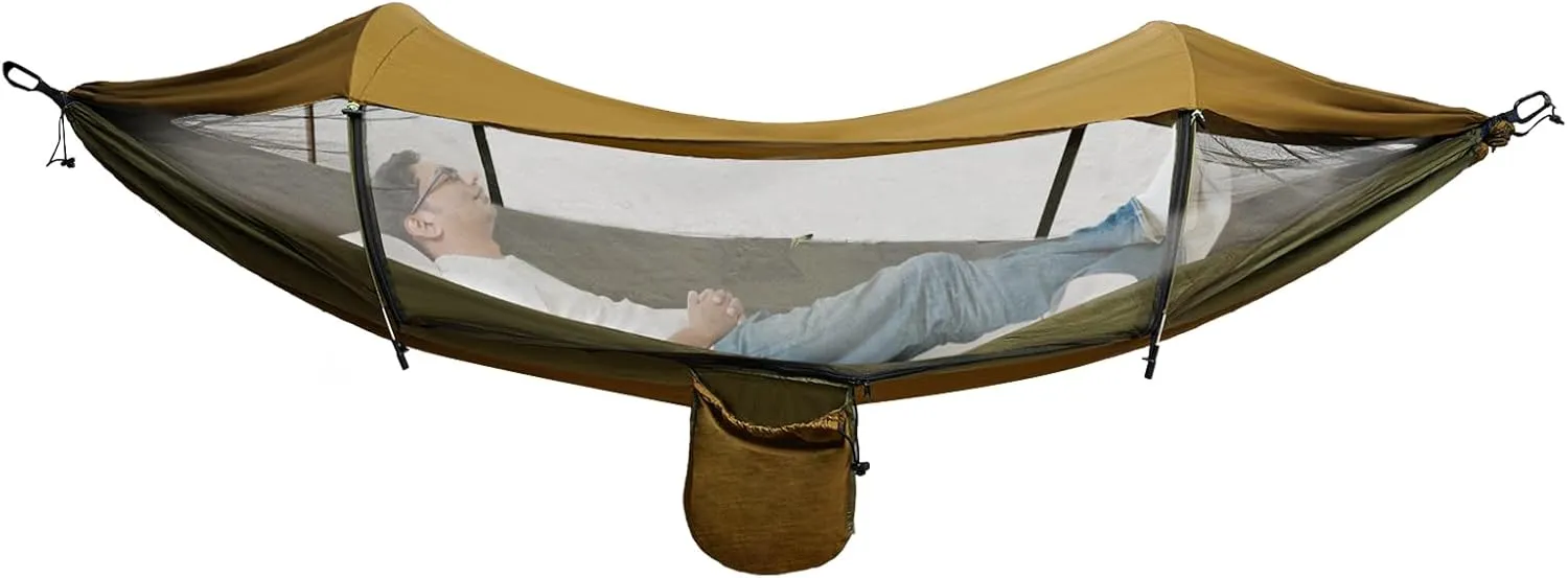 Camping Hammock with Mosquito Net and 2 Tree Straps, Foldable Portable Single Double Hammock Tent with Pocket for Outdoor, Indoor, Beach, Camping (Green)