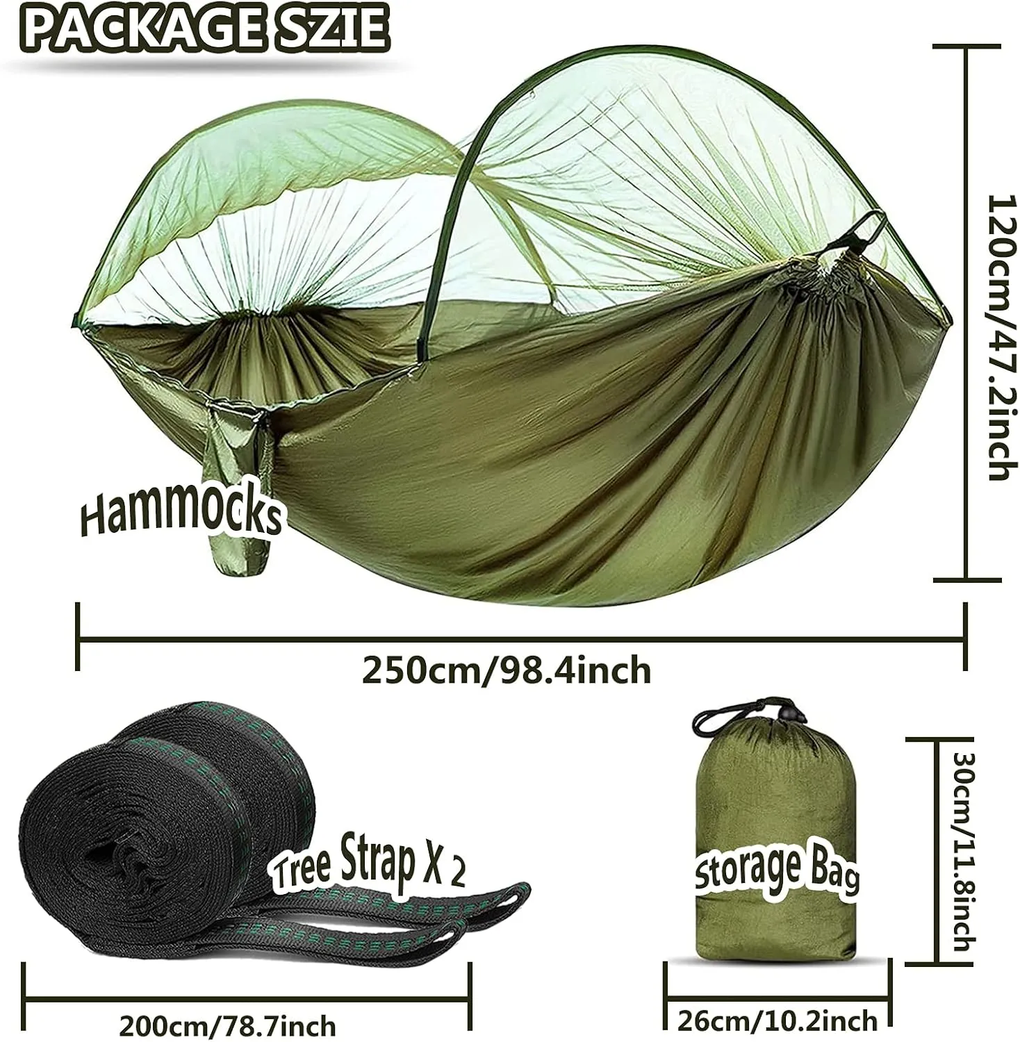 Camping Hammock with Mosquito Net, Lightweight Travel Hammock, 200kg Load Capacity, Portable Outdoor Hammock with Tree Straps & Carabiners for Camping Hiking Backpacking,250x120cm