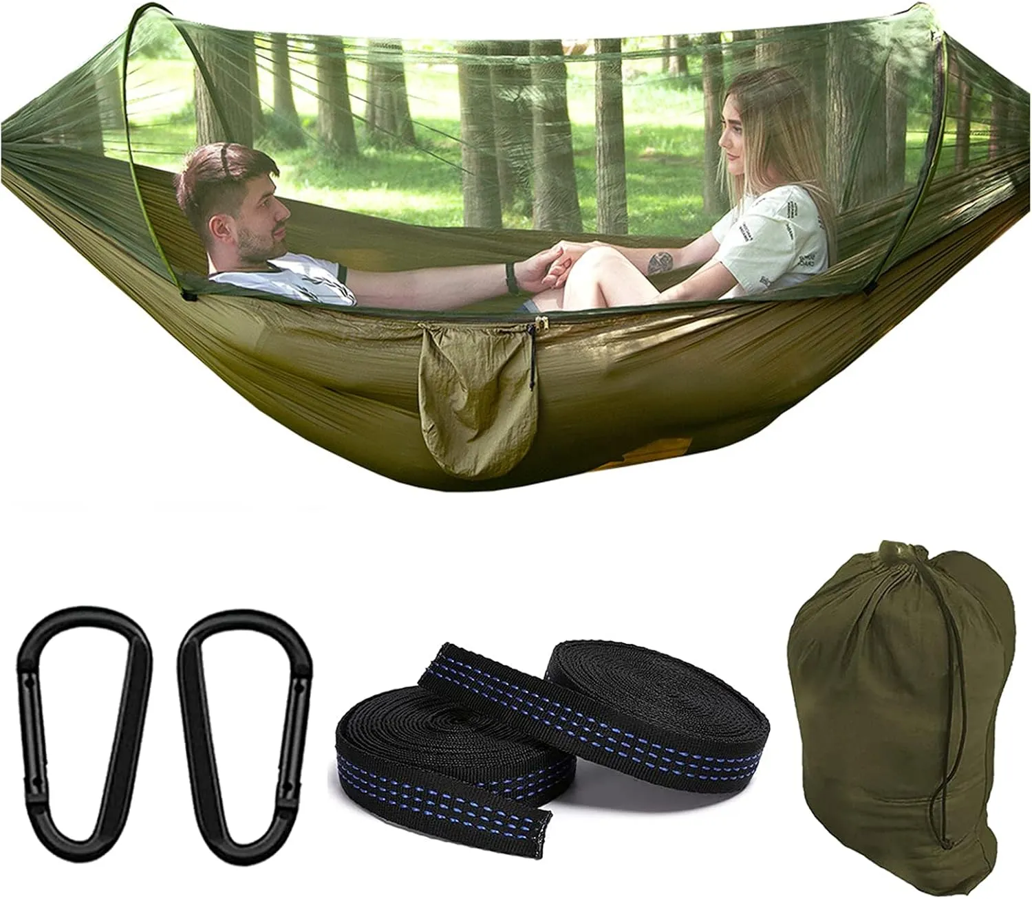 Camping Hammock with Mosquito Net, Lightweight Travel Hammock, 200kg Load Capacity, Portable Outdoor Hammock with Tree Straps & Carabiners for Camping Hiking Backpacking,250x120cm