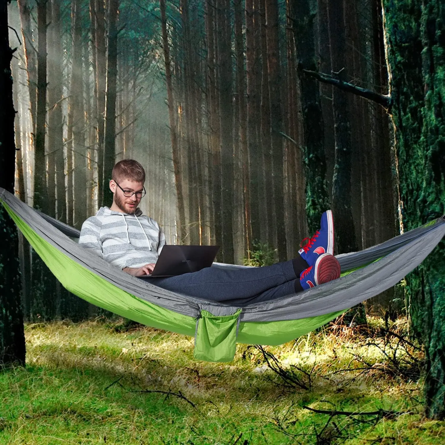 Camping Hammock with Mosquito Net, Portable Parachute Travel Bed Nylon Hammock with Tree Straps