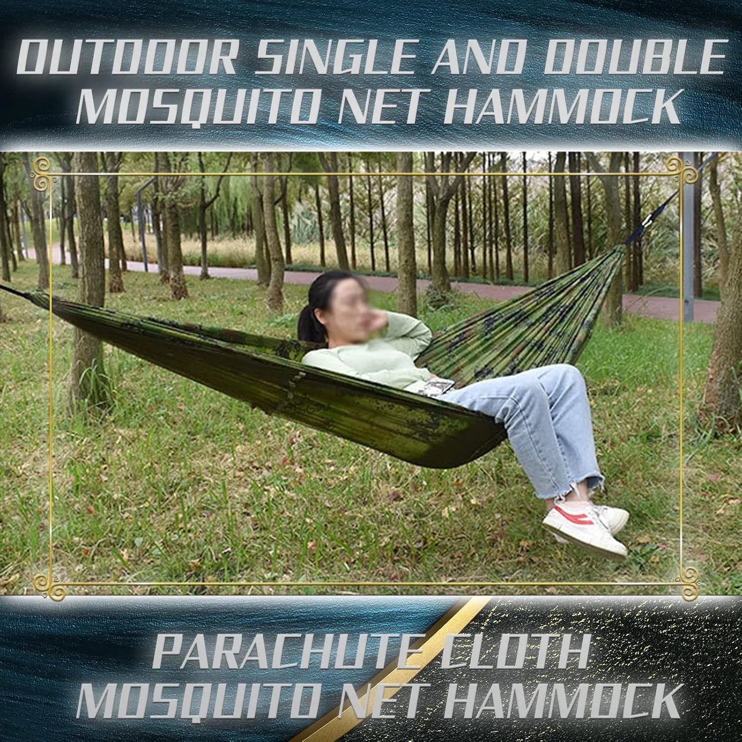 Camping Hammock with Mosquito Net - Ultra Lightweight Durable Double Travel Hammock 210T Parachute Nylon for Outdoor Camping Accessories-Dark Green with Fruit Green