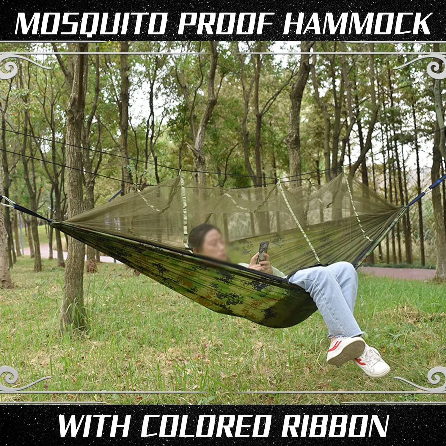 Camping Hammock with Mosquito Net - Ultra Lightweight Durable Double Travel Hammock 210T Parachute Nylon for Outdoor Camping Accessories-Dark Green with Fruit Green