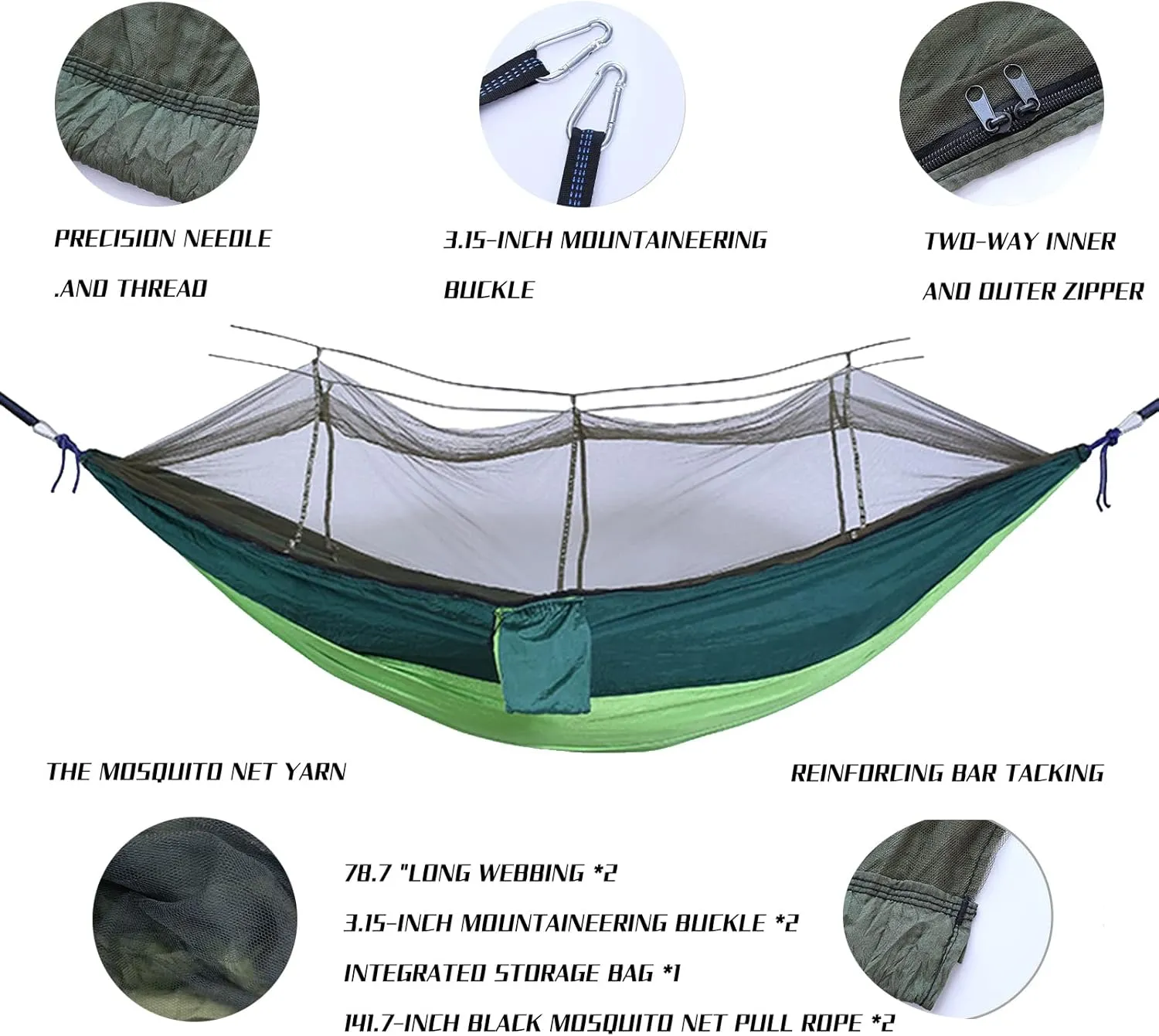 Camping Hammock with Mosquito Net - Ultra Lightweight Durable Double Travel Hammock 210T Parachute Nylon for Outdoor Camping Accessories-Dark Green with Fruit Green
