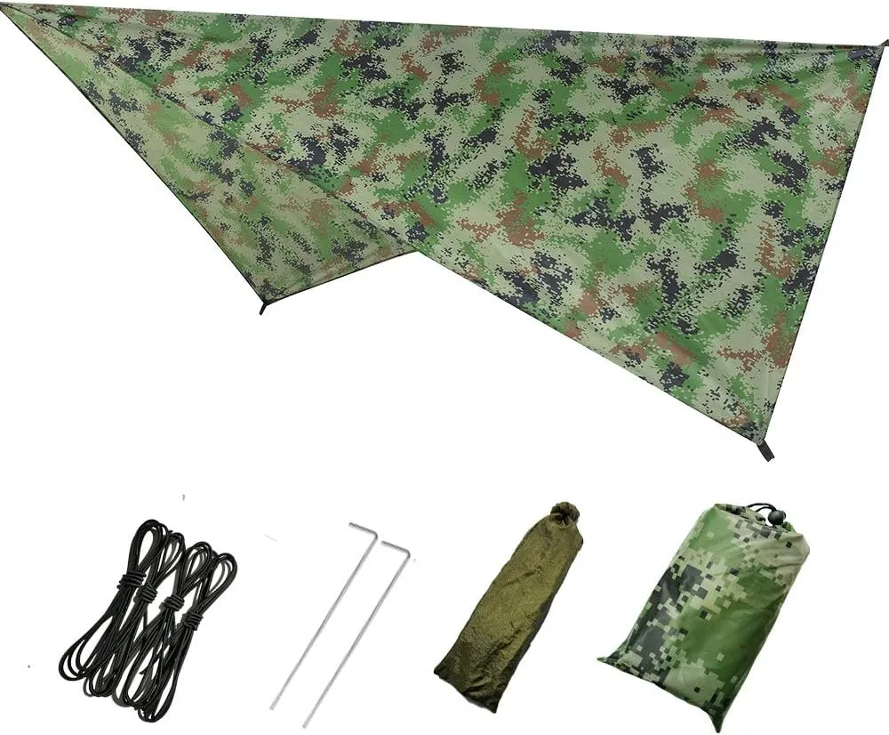Camping Hammock with Net, 2 Person Portable Hammock, Nylon Parachute Hammock Tent with Tarp Tree Straps for Camping Backpacking Travel Beach Backyard Outdoor Hiking, Ship from US (Camouflage Green)