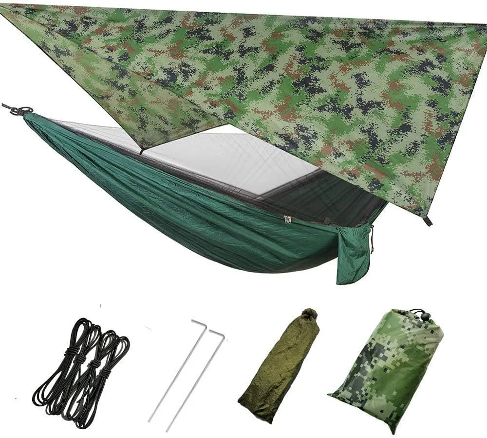 Camping Hammock with Net, 2 Person Portable Hammock, Nylon Parachute Hammock Tent with Tarp Tree Straps for Camping Backpacking Travel Beach Backyard Outdoor Hiking, Ship from US (Camouflage Green)