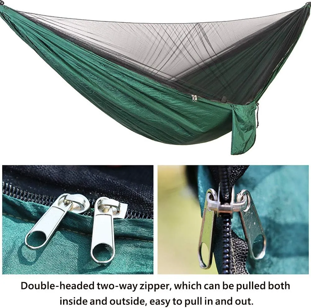 Camping Hammock with Net, 2 Person Portable Hammock, Nylon Parachute Hammock Tent with Tarp Tree Straps for Camping Backpacking Travel Beach Backyard Outdoor Hiking, Ship from US (Camouflage Green)