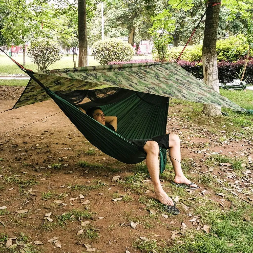 Camping Hammock with Net, 2 Person Portable Hammock, Nylon Parachute Hammock Tent with Tarp Tree Straps for Camping Backpacking Travel Beach Backyard Outdoor Hiking, Ship from US (Camouflage Green)